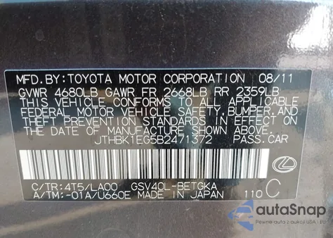 2011 Lexus Es 350 from USA, damaged, VIN JTHBK1EG5B2471372